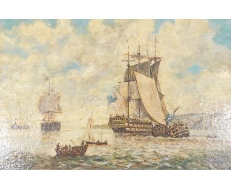 R D Stokle (19thC/20thC). Masted ships off the coast, oil on board, signed, 23cm x 35cm.
