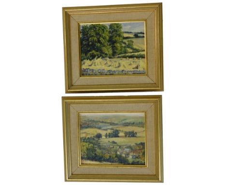 Helen Maclaren (20thC). Rural landscape, oil on board - pair, signed, 13cm x 16cm.