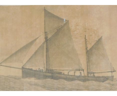 E J Frost (19thC/20thC). Steamer Yacht LT942, pencil drawing, signed, dated, Lowestoft 1919, 36cm x 48cm.