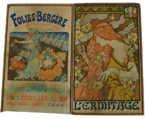 After Paul Berthon. L'ERMITAGE, screenprint on fabric, 71cm x 44cm, and another, FOLIES-BERGERE (2).
