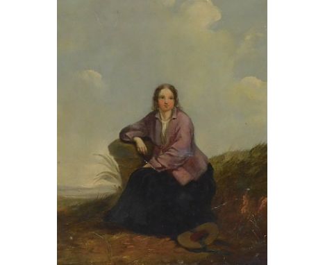 19thC British School. Maiden in coastal landscape, oil on canvas, 30cm x 25cm.