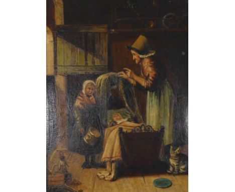 19thC British School. Interior scene with a baby in a cot, oil on board, 34cm x 25cm.