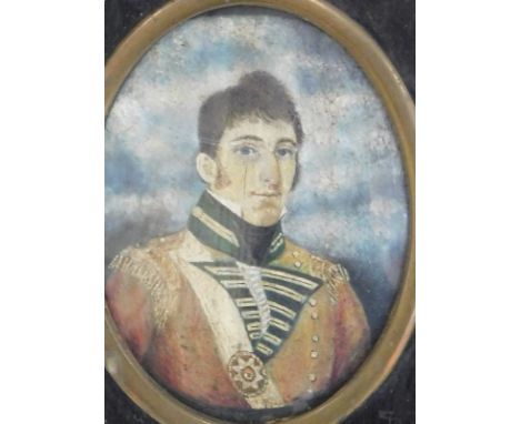19thC School. Portrait miniature - military gentleman, watercolour, 7cm x 5.5cm.