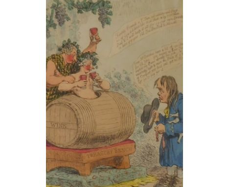 After James Gillray (1757-1815). The Wine Duty, or Triumph of Bacchus and Silenus, hand coloured etching, 35cm x 25cm.