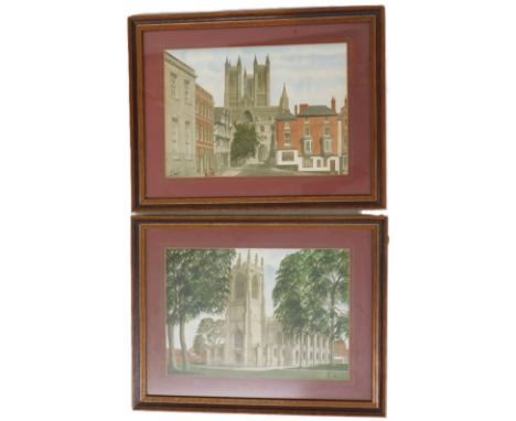 M J Neale (20thC). Castle Square, coloured etching, signed, 26cm x 37cm, and another, The Parish Church, Gainsborough (2).