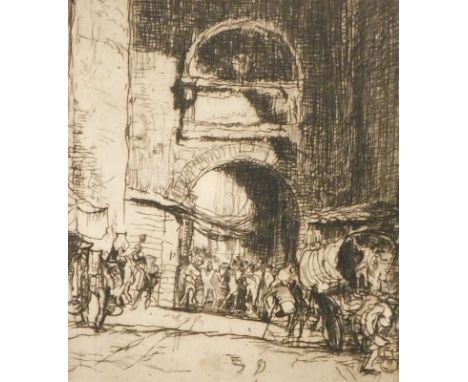 Frank William Brangwyn (1867-1956). Avila Gateway, artist signed etching, 18cm x 15cm.