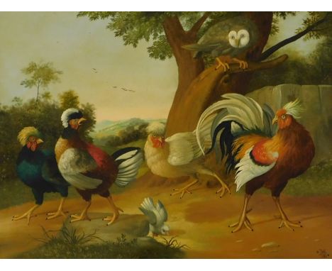 M E (20thC).  Cockerels, oil on panel, initialled, 24.5cm x 32.5cm.