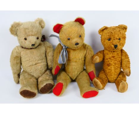 Three unknown maker vintage mohair bears - Lot includes a bear with dark red ribbon, bear with blue and white ribbon and a si