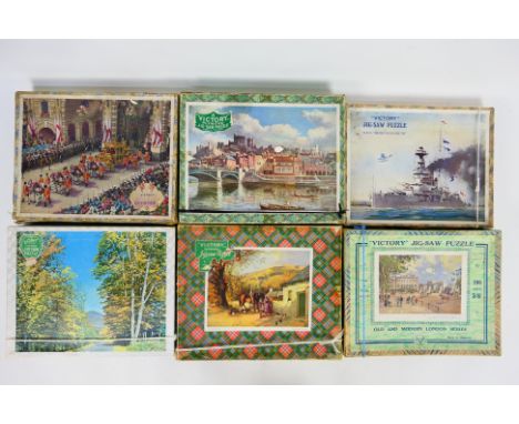 Victory - Seven boxed vintage wooden jigsaw puzzles from Victory. Lot includes HMS Queen Elizabeth; Windsor Castle; Coronatio