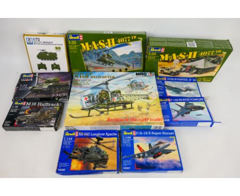 Revell - S Model - MRC - 10 boxed plastic model aircraft and military vehicles kits in various scales. Lot includes MRC BA102