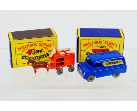 Matchbox - Moko Lesney - 2 x boxed models, Horse Drawn Milk Float # No.7 in dark orange with metal wheels and white driver an