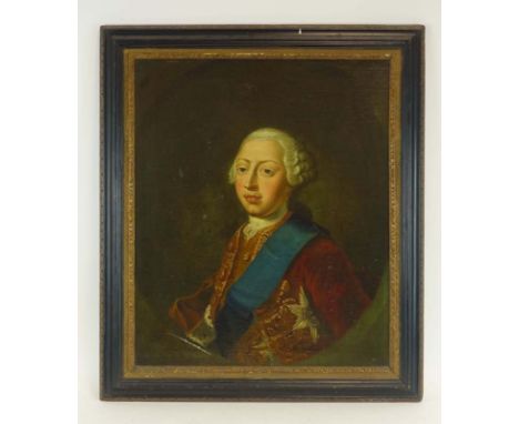 18th Century School,A half-length portrait believed to be George III when Prince of Wales,unsigned,oil on canvas, laid to boa