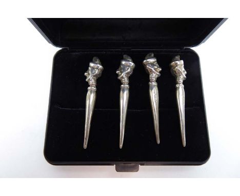 A set of four cribbage markers with 'Punch' head ends, maker J &amp; FG, Birmingham 1987, l. 4.5 cm
