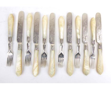 A set of six Victorian mother of pearl handled and silver bladed dessert knives, together with six matching forks, maker HW&a