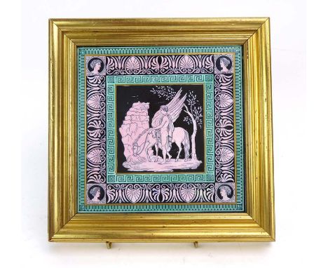 A Morley &amp; Ashworth tile transfer printed in the Aesthetic Movement manner with a Pegasus and its rider, framed, overall 