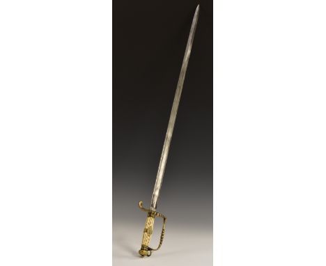 A George III naval sword, 83cm straight fullered blade signed to the spine R Teed, brass stirrup hilt with fluted ivory grip,