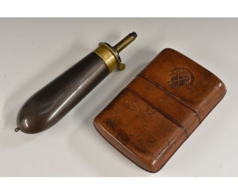 A mid-19th century English patinated copper powder flask, for an 1851 colt, of typical form, 20cm long, c. 1855; a 19th centu