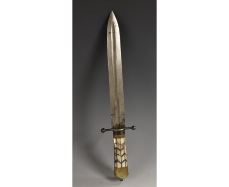 An Indian jade mounted dagger, 25cm straight fullered blade, straight cross-guard with globular quillons, the two-piece grip 