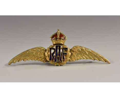 An early 20th century 9ct gold RAF sweetheart's brooch, of typical form, monogram and crown crest picked out in enamel, 5cm w