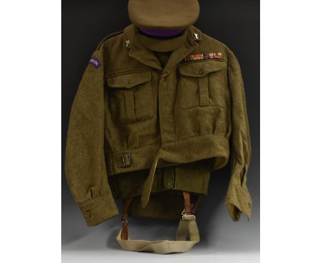 Uniform - a British Army Chaplain's Department battledress blouse, trousers, cap and bible, the tunic, with the rank of major
