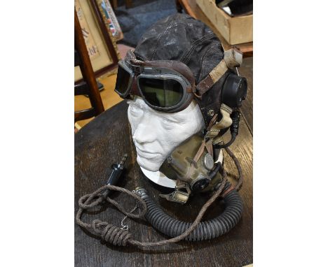 Militaria - World War Two, GB, RAF - a pilot's brown leather helmet or cap, probably a Spitfire pilot's, oxygen mask and pipe