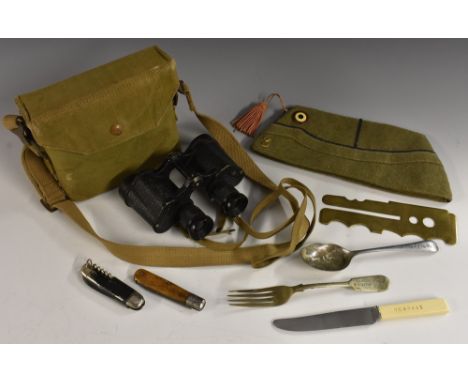 A pair of World War II binoculars by Kershaw, Bino Prism No. 2 mark 3 x 6, 1945, no.215293, canvas case;  a War Issue knife f