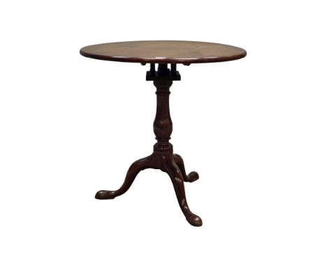 George lll mahogany tripod table, circular tilt bird cage top on vase tuned column support with three outsplayed cabriole leg