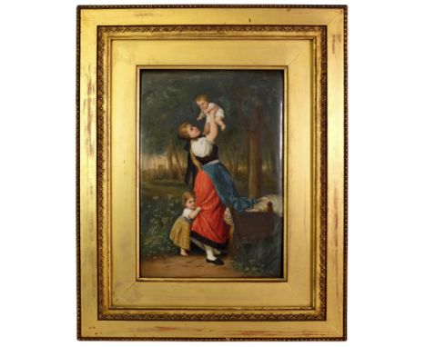 19th century German porcelain plaque, painted with mother and children in woodland scene, in gilded frame, impressed on rever