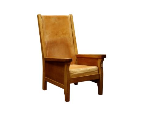 'Mouseman' adzed oak smoking armchair, slung tan leather back and seat cushion, by Robert Thompson of Kilburn   Condition Rep