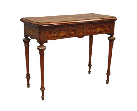 19th century French inlaid amboyna card table, moulded fold over swivel top with beading, on slender turned supports with gil