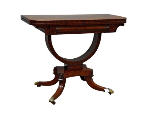 Regency period mahogany card table, rectangular top with rounded corners, fold over and baize lined, lyre supports with platf