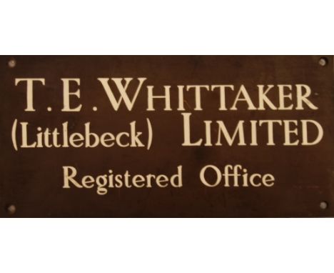 'T E Whittaker (Littlebeck) Limited Registered Office' door plaque for Thomas 'Gnomeman' Whittaker