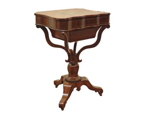 Regency rosewood sewing box, shaped top inlaid with brass and enamel work, hinged lid revealing combination of trinket compar