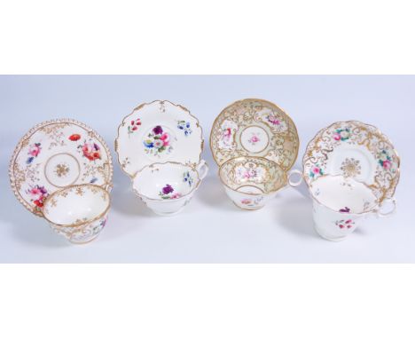 Four 19th century hand painted cabinet cups and saucers, each having floral sprays and gilt scrolling, possibly Ridway, Coalp