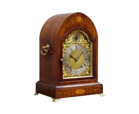 Edwardian inlaid rosewood lancet shaped mantel clock, arched glazed door, brass dial with silvered chapter ring, quarter gong
