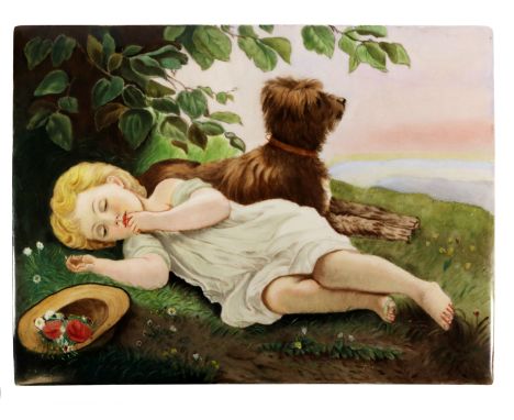 Late 19th/ early 20th century KPM Berlin rectangular porcelain plaque, painted with a young child laid beside dog, impressed 