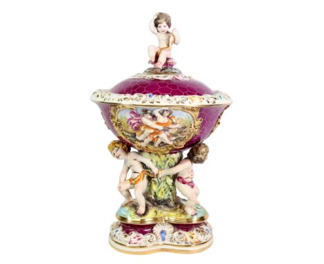 Large Keramos Capodimonte lidded centrepiece, with gilt foliate design and relief panels, the bowl supported by a naturalisti