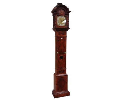 18th century Dutch walnut cased longcase clock, pagoda top hood with fret work frieze, inlaid star and turned pilaster, brass