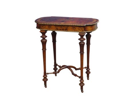 Victorian figured walnut and yew wood burr work table, gilt metal mounted top revealing a fitted interior, slender carved sup