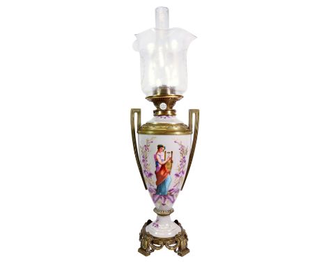 Victorian porcelain oil lamp with hand painted decoration with brass mounts, etched glass shade by Emley & Sons LTD Newcastle