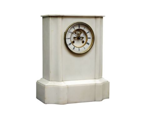 Victorian white marble mantel clock, white enamel chapter ring with visible escapement, twin train movement striking the hour