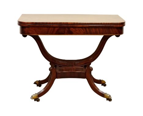 George III mahogany fold over swivel baize lined top card table, lyre shaped support, four reeded splay legs, W92cm, H73cm, D