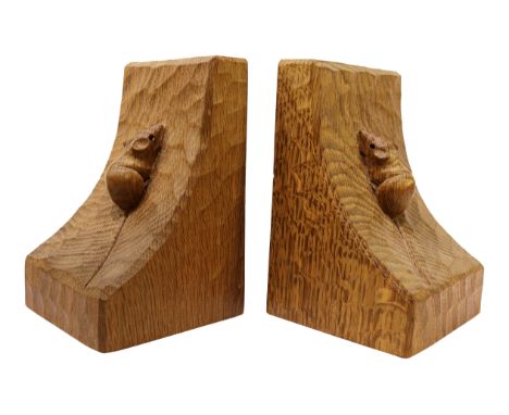 'Mouseman' pair adzed oak bookends by Robert Thompson of Kilburn, H16cm   Condition Report   Click here for further images, c