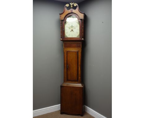 19th century oak and mahogany banded longcase clock, painted enamel dial with 30-hour movement striking on bell, H216cm   Con