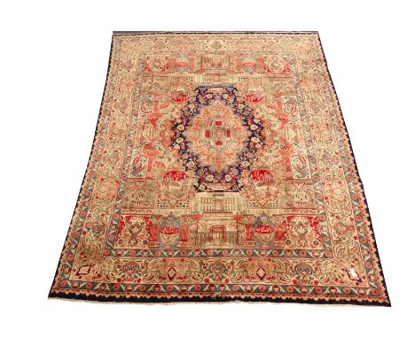 Large Persian pale ground rug carpet, decorated with city scenes, urns and animal motifs, multiple floral boarder, 387cm x 30