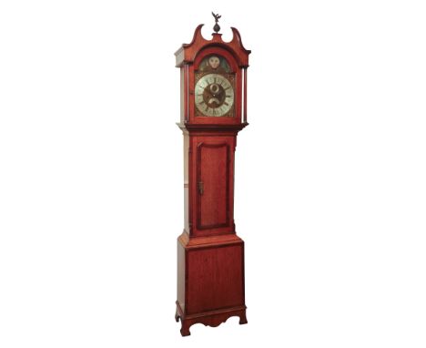 Early 19th century oak and mahogany banded longcase clock, broken arched pediment, engraved brass dial with silvered Roman ch