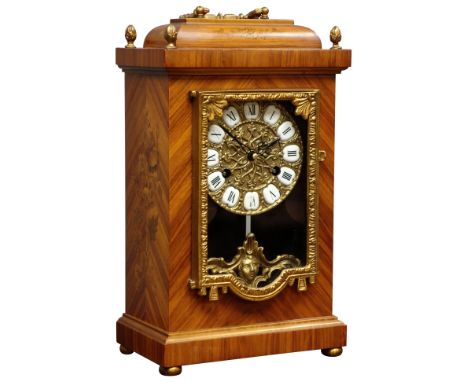 20th century French style inlaid kingwood mantel clock, inlaid with flowers, twin train movement stamped 'FHS', striking the 