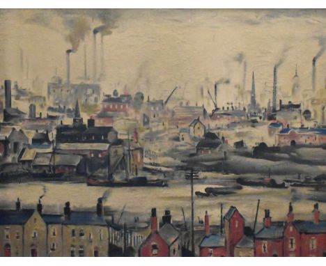 After Laurence Stephen Lowry (British 1887-1976) colour print 'Industrial Scene' within a green painted frame 76cm x 99cm ove