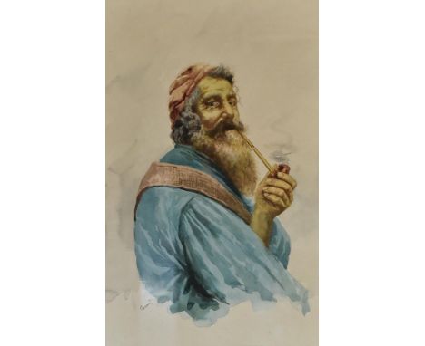 Gianni (20th century Italian school) watercolour, head and upper torso portrait of a bearded gentleman with red hat and blue 