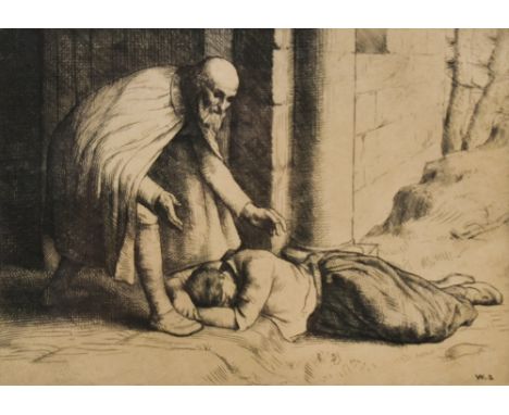 After William Strang (Scottish 1859-1921) etching, within a broad card mount and slender ebonised frame, under glass, 14cm x 